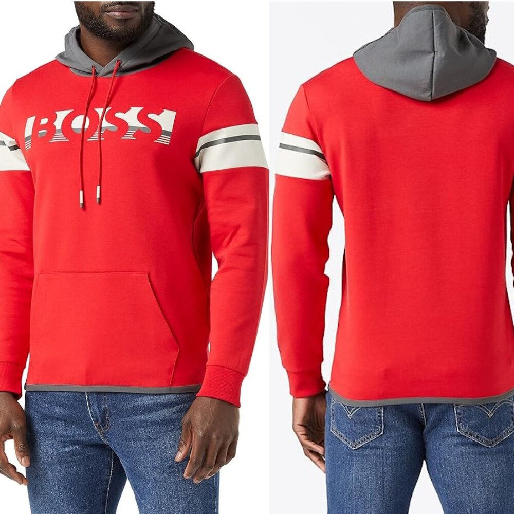 New Hugo Boss Red Hoodie With Gray Hood "BOSS" Logo Sz XL - Picture 10 of 16
